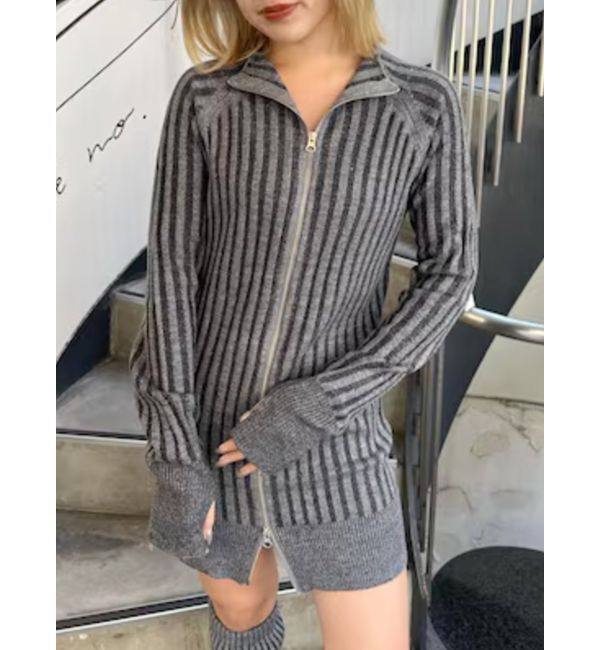 EVRIS「プレーティングリブダブルZIPニットワンピース」|ワンピース|グレー