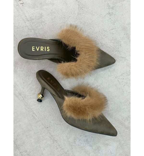 EVRIS「ポインテッドトゥフェイクファーミュール」|サンダル|カーキ