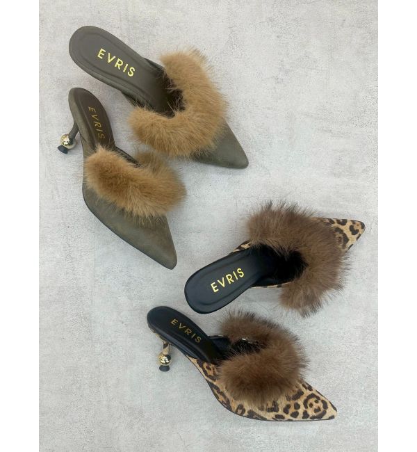 EVRIS「ポインテッドトゥフェイクファーミュール」|サンダル|