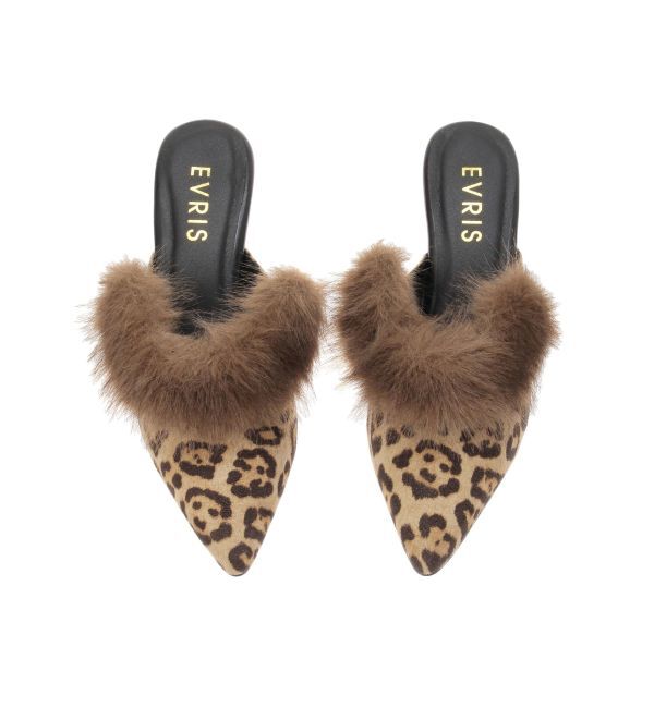 EVRIS「ポインテッドトゥフェイクファーミュール」|サンダル|