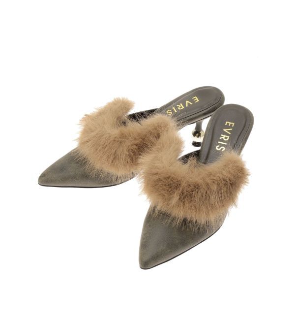 EVRIS「ポインテッドトゥフェイクファーミュール」|サンダル|