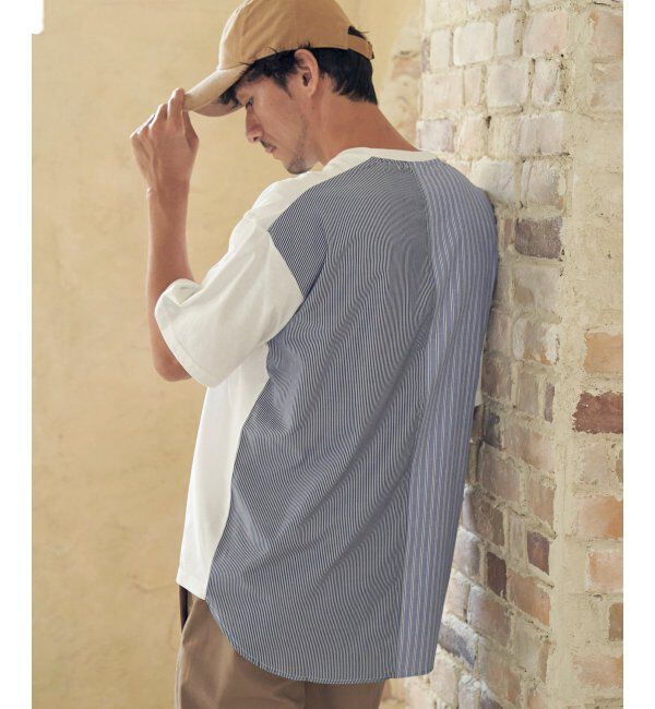 ikka「ストライプブロード切り替えTシャツ」|Tシャツ・カットソー|