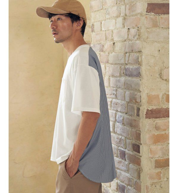 ikka「ストライプブロード切り替えTシャツ」|Tシャツ・カットソー|