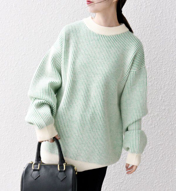SHIPS any「SHIPS any:〈手洗い可能〉畦編み ストライプ クルーネック ニット◇」|ニット・セーター|グリーン