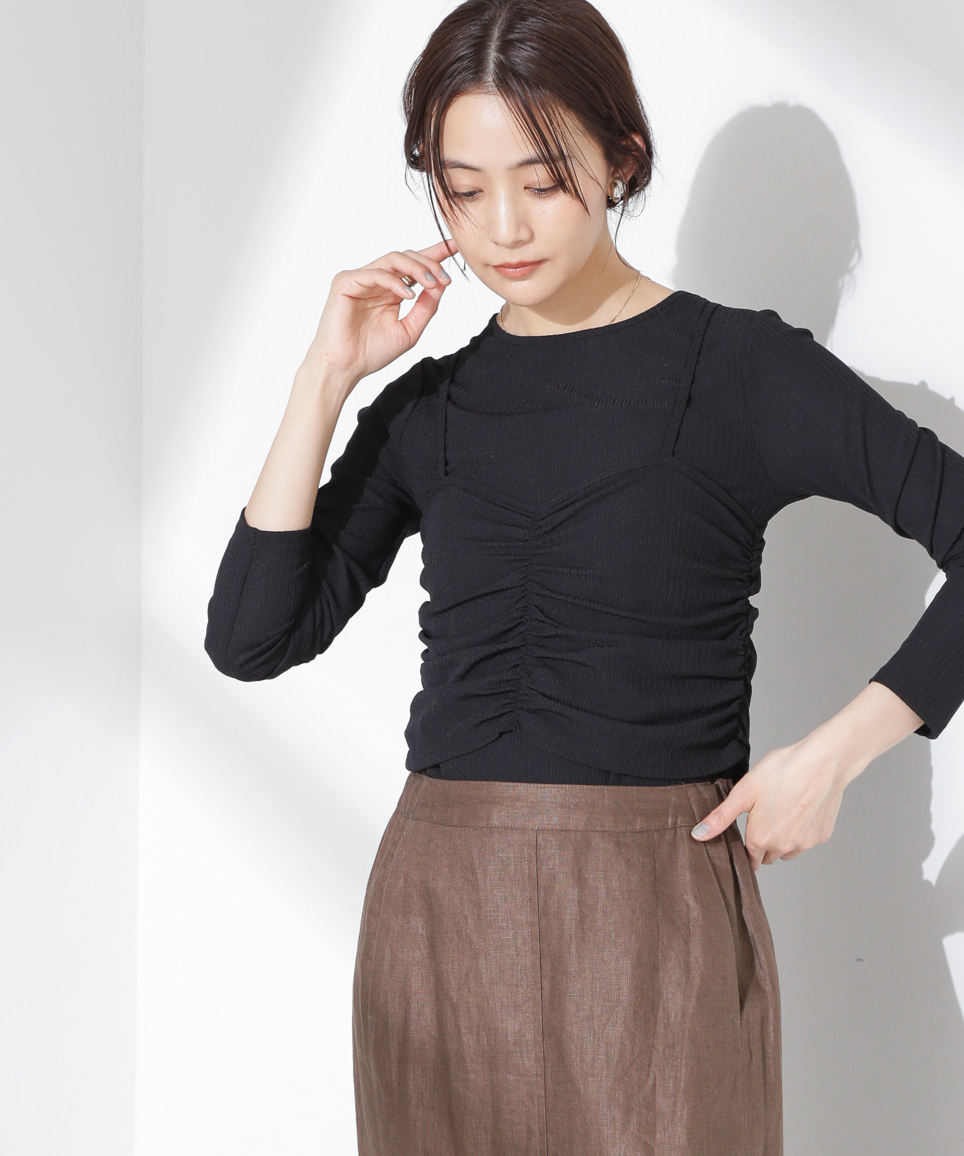 nano･universe「シャーリングビスチェセットカットトップス」|Tシャツ・カットソー|ブラック