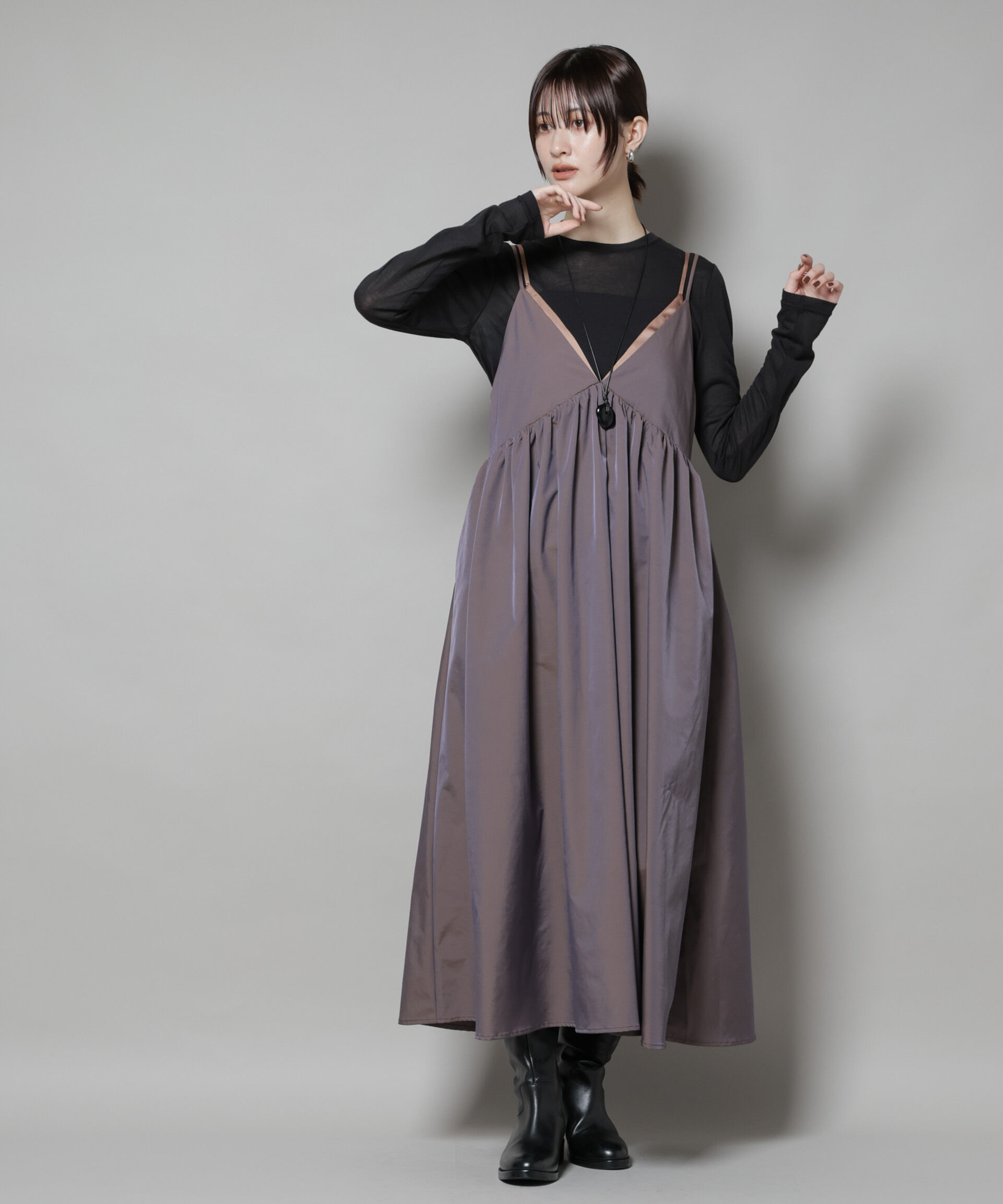 nano･universe「シャンブレータフタキャミレイヤードワンピース」|ワンピース|