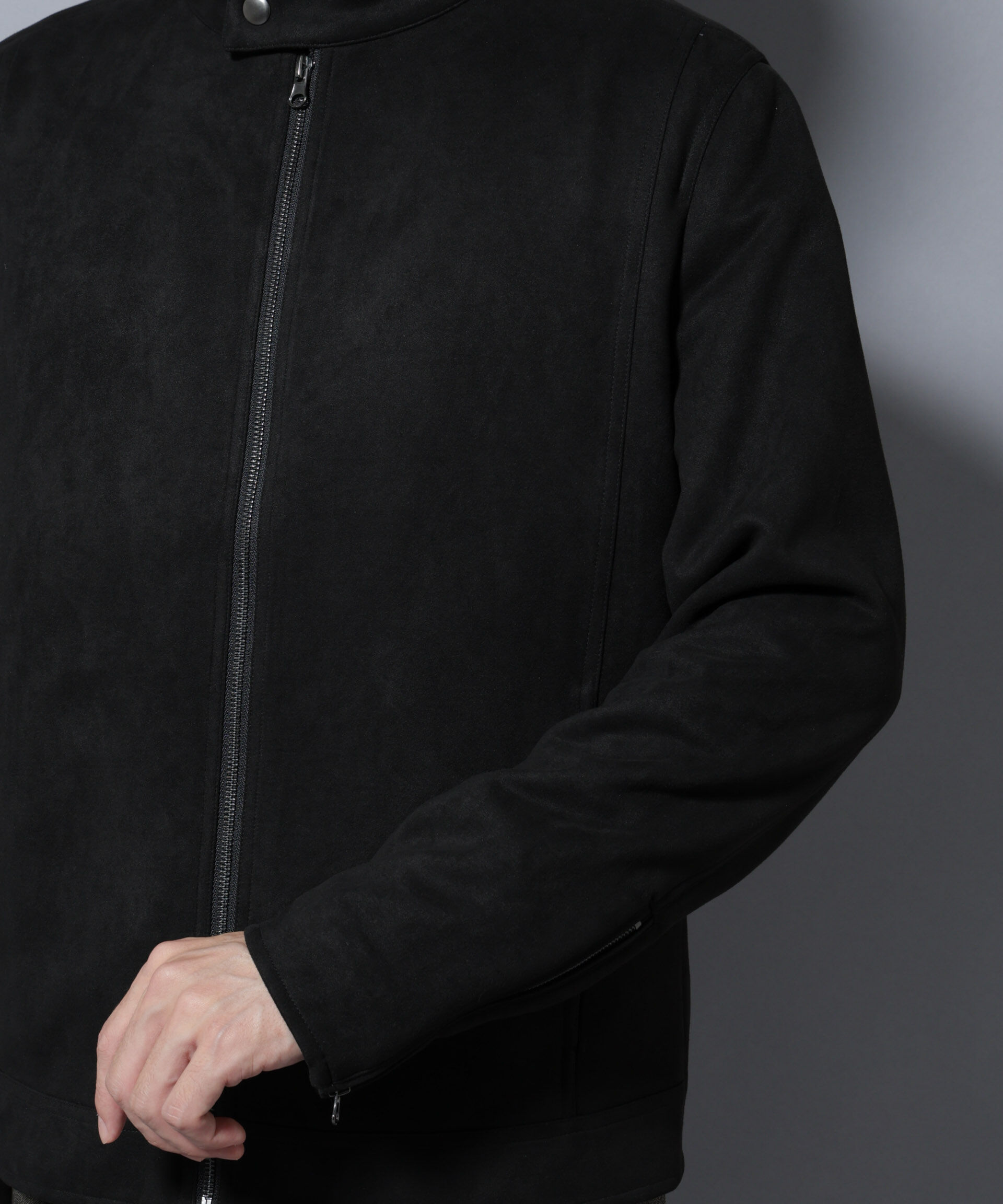 nano･universe「フェイクスエードシングルライダース」|ブルゾン・スタジャン|