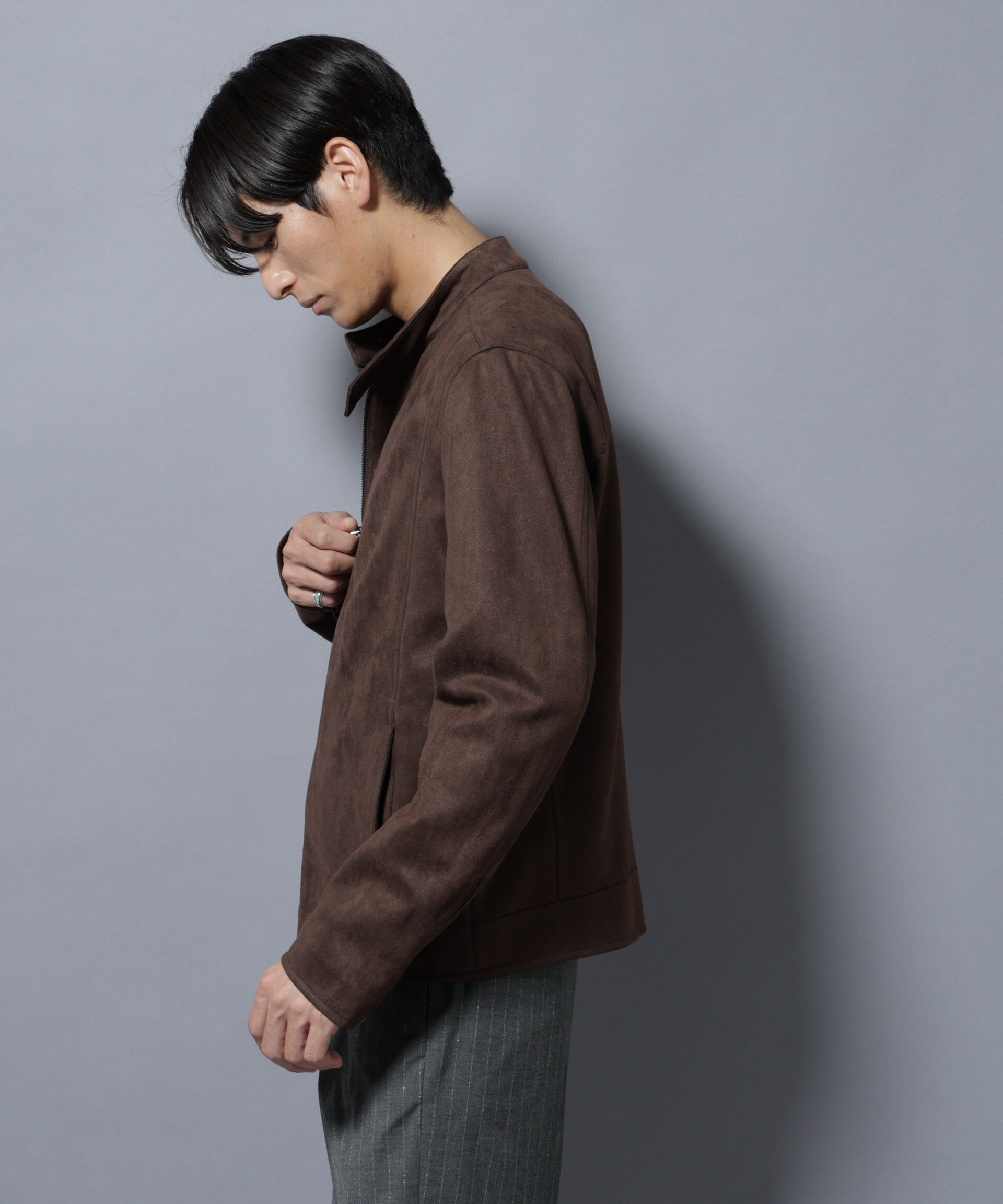 nano･universe「フェイクスエードシングルライダース」|ブルゾン・スタジャン|