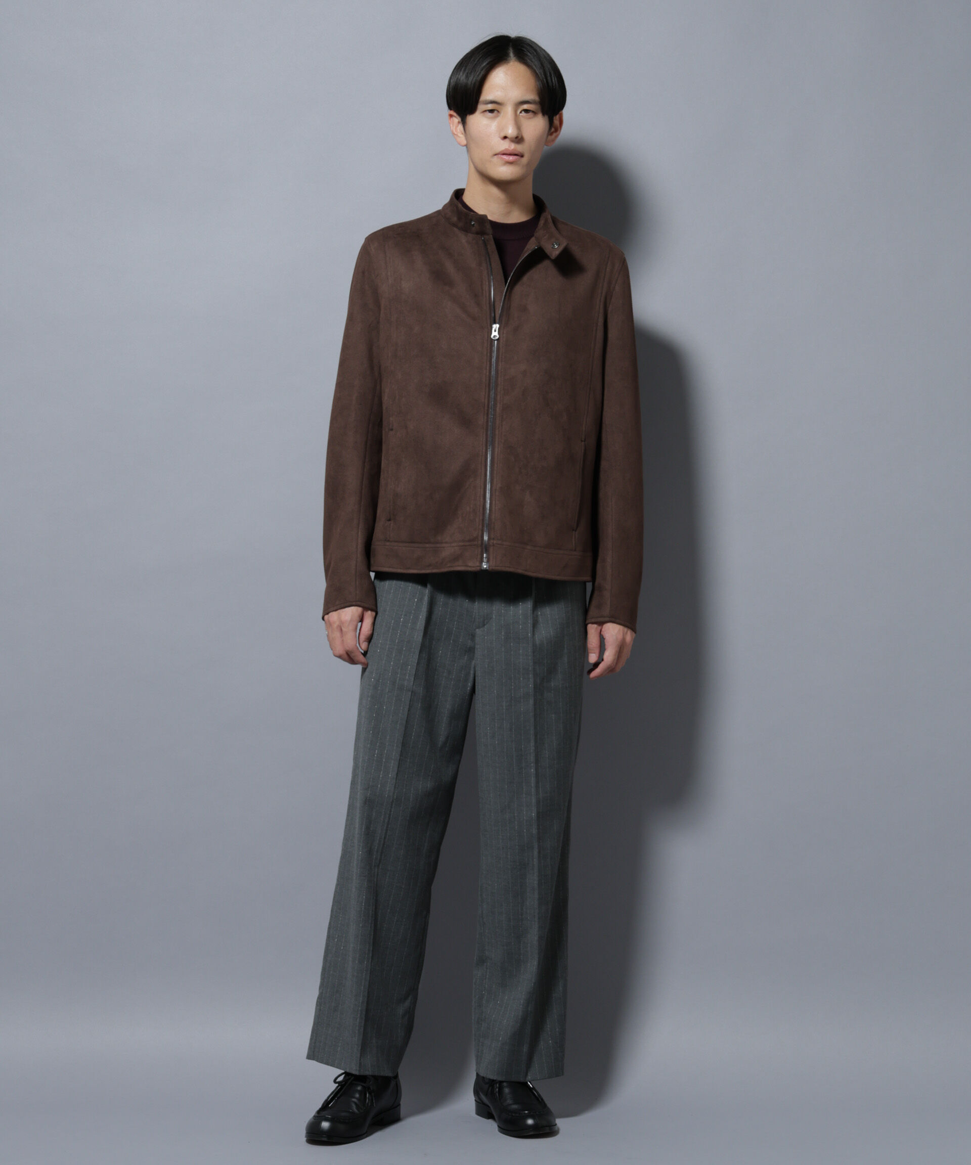 nano･universe「フェイクスエードシングルライダース」|ブルゾン・スタジャン|