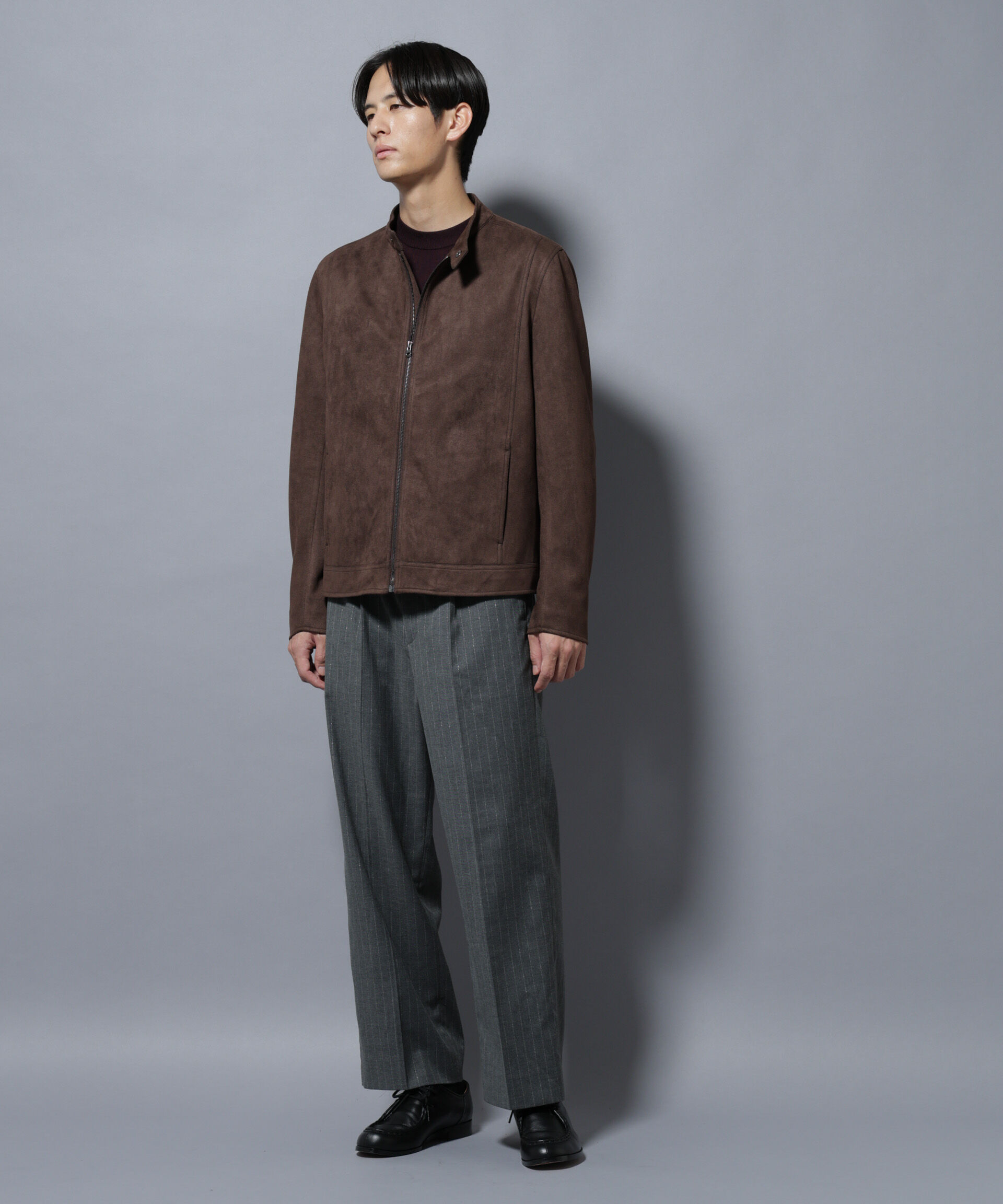 nano･universe「フェイクスエードシングルライダース」|ブルゾン・スタジャン|