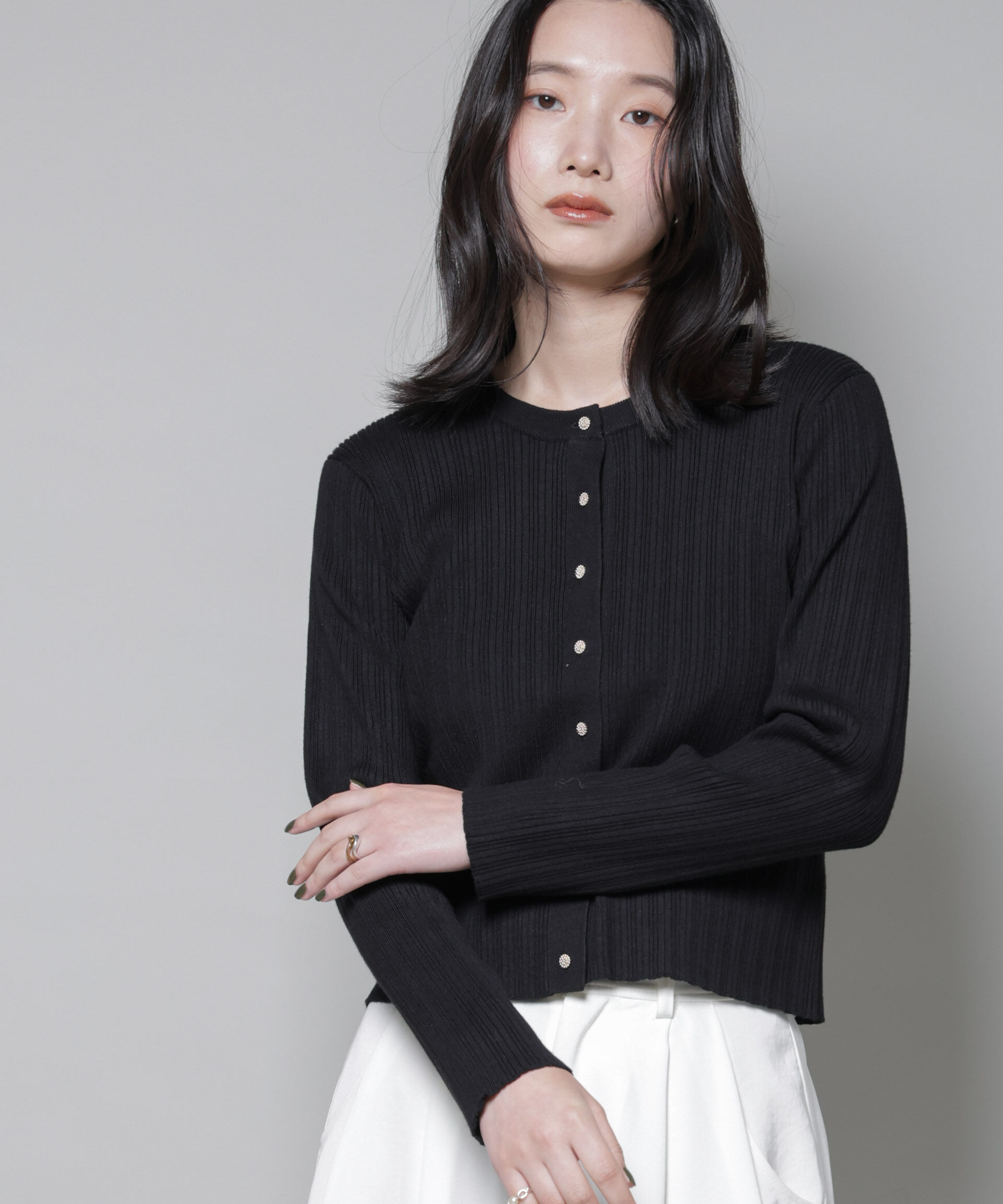 nano･universe「ホホバオイル加工ランダムリブカーディガン」|ニット・セーター|ブラック