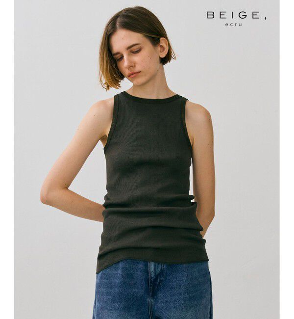 BEIGE,「【BEIGE,ecru/WEB限定・洗える】RIB TOPS /  コットンシルクアメリカンスリーブトップス」|タンクトップ|Khaki