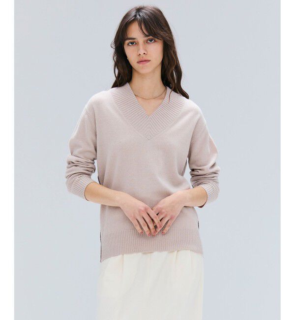 BEIGE,「【洗える】POMPE / ウールカシミヤ配色ラインVネックニット」|ニット・セーター|Taupe&times;Bordeaux