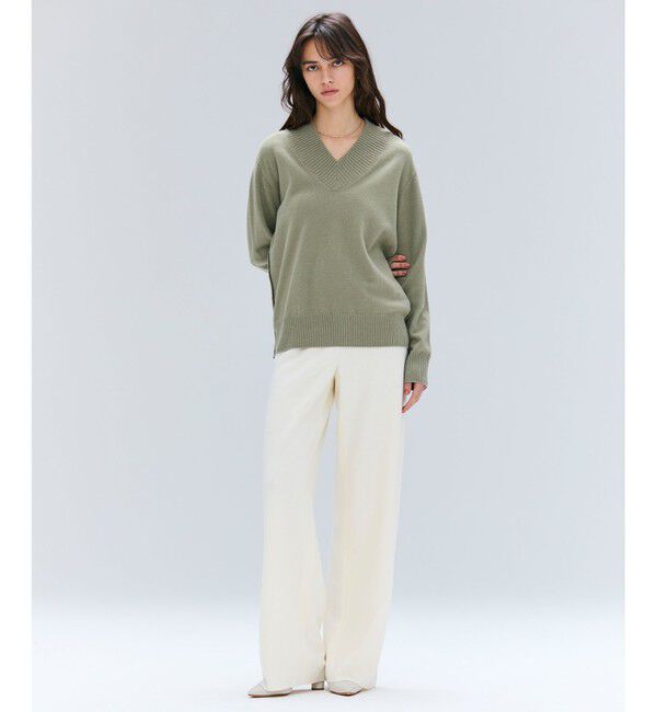 BEIGE,「【洗える】POMPE / ウールカシミヤ配色ラインVネックニット」|ニット・セーター|