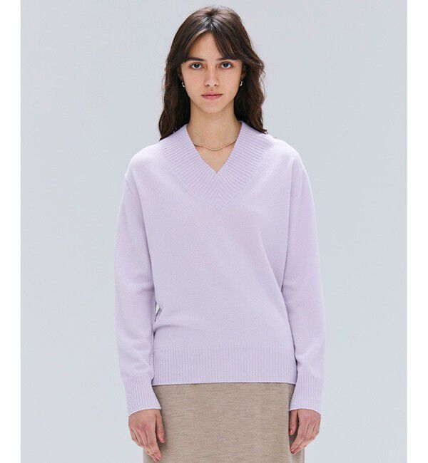 BEIGE,「【洗える】POMPE / ウールカシミヤ配色ラインVネックニット」|ニット・セーター|Lilac&times;Taupe