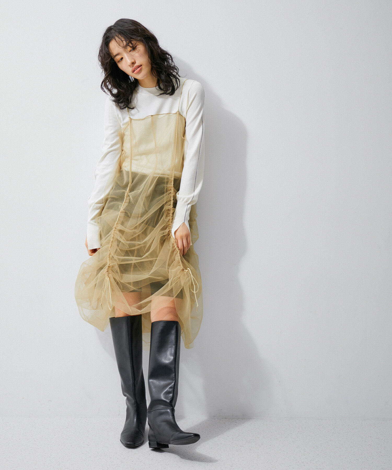 ADAM ET ROPE'「【逸品】ドロストリングチュールドレス」|ワンピース|