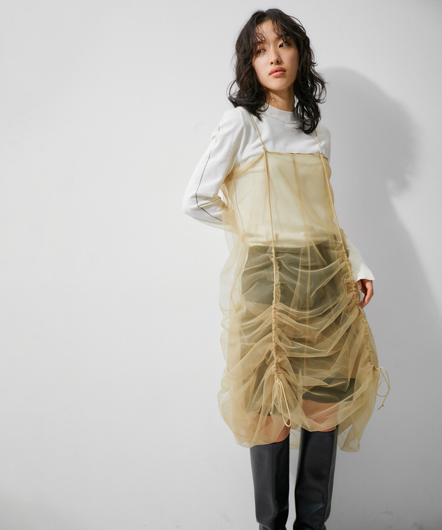 ADAM ET ROPE'「【逸品】ドロストリングチュールドレス」|ワンピース|