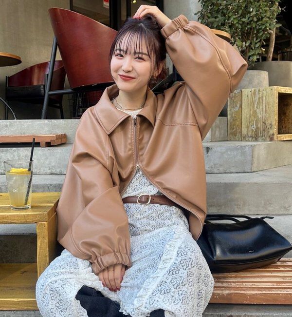  「バルーンスリーブフェイクレザーブルゾン」|ブルゾン・スタジャン|