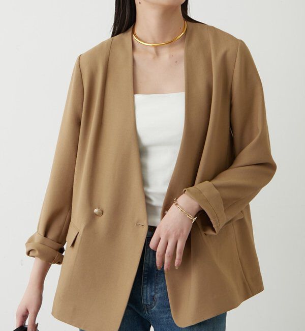  「麻調合繊ノーカラージャケット」|ベスト・ジレ|キャメル