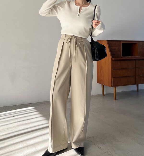  「【低身長サイズあり】ピンタックリボンパンツ」|チノ|