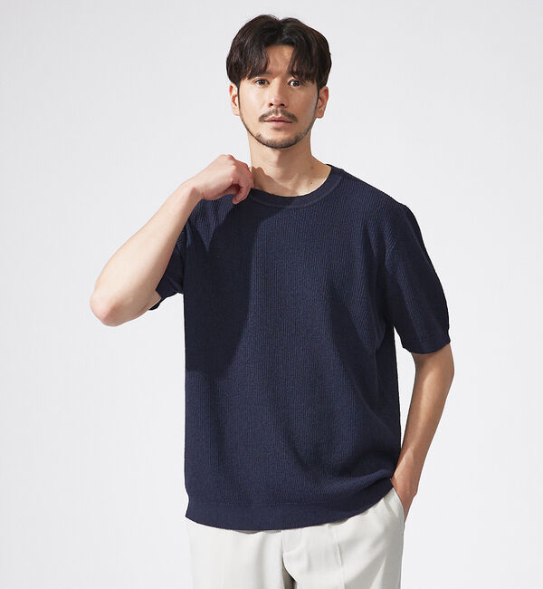 ABAHOUSE「針抜き プレーティング ニットTシャツ」|Tシャツ・カットソー|ネイビー