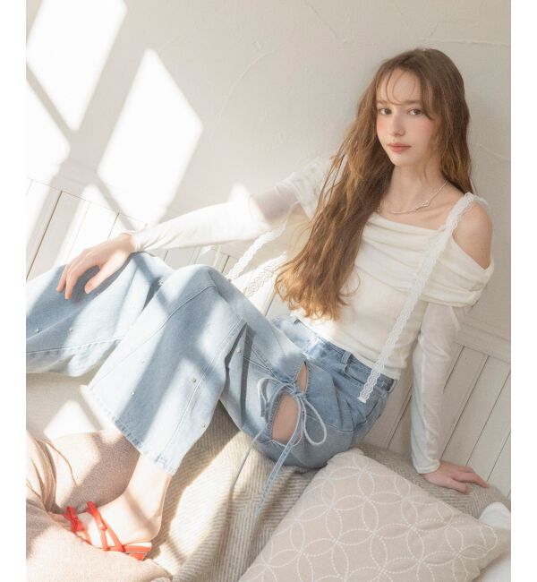  「レースリボン2wayオフショルトップス」|Tシャツ・カットソー|