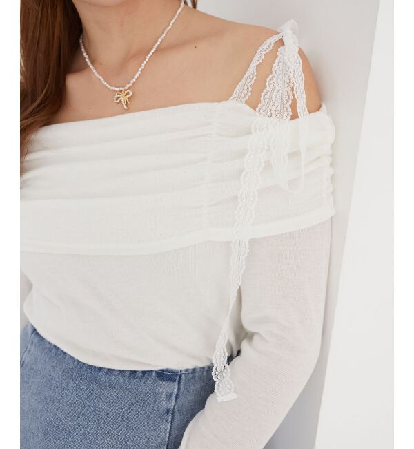  「レースリボン2wayオフショルトップス」|Tシャツ・カットソー|