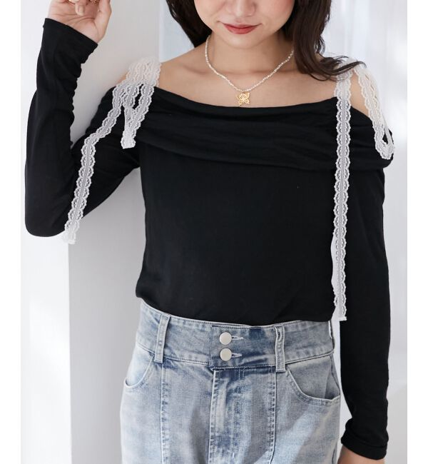  「レースリボン2wayオフショルトップス」|Tシャツ・カットソー|