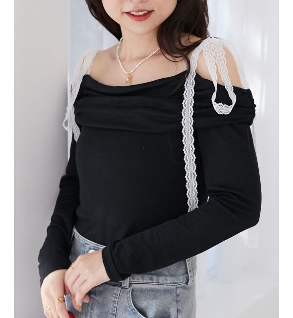 「レースリボン2wayオフショルトップス」|Tシャツ・カットソー|