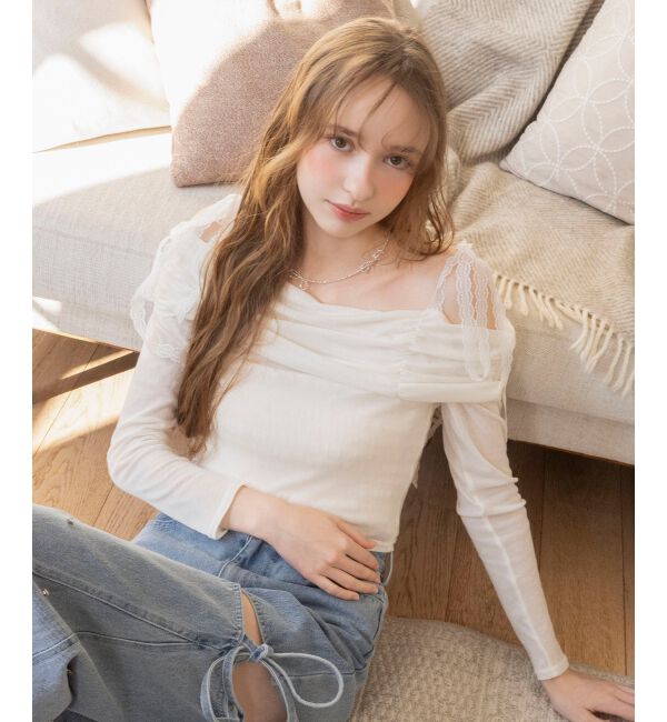  「レースリボン2wayオフショルトップス」|Tシャツ・カットソー|