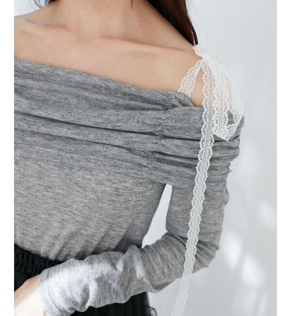  「レースリボン2wayオフショルトップス」|Tシャツ・カットソー|グレー