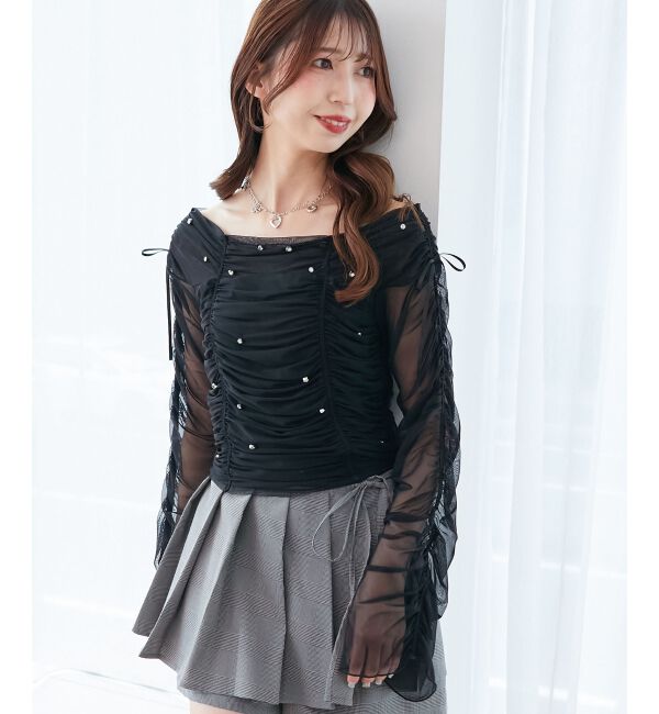  「キラキラビジューチュールトップス」|Tシャツ・カットソー|ブラック