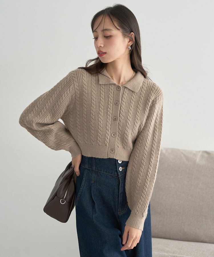 earth music&ecology「襟付きケーブルニットジャケット」|カーディガン|