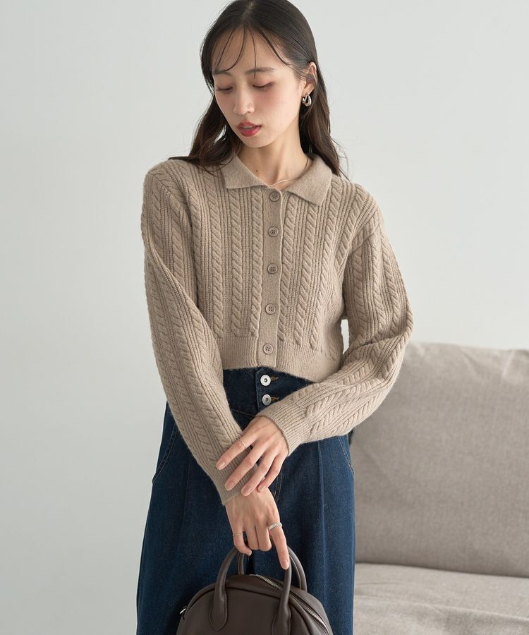 earth music&ecology「襟付きケーブルニットジャケット」|カーディガン|