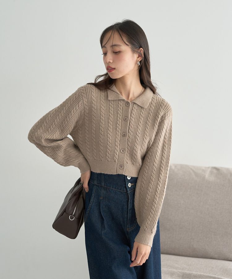 earth music&ecology「襟付きケーブルニットジャケット」|カーディガン|