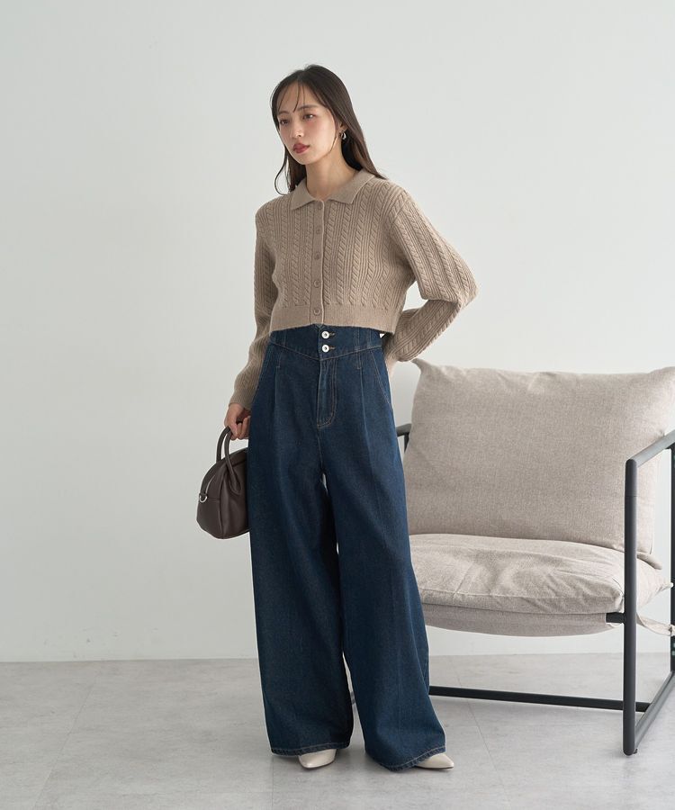 earth music&ecology「襟付きケーブルニットジャケット」|カーディガン|