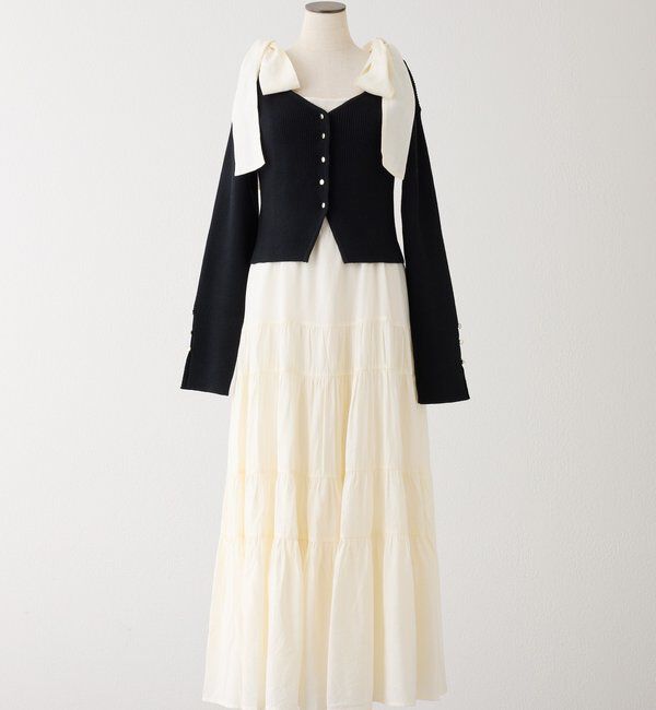  「【肩リボン取り外し可能】カーディガンセット２枚セットワンピ」|ワンピース|