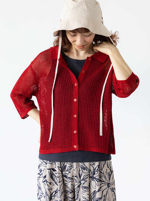Lugnoncure「麻タッチ衿付きメッシュニットカーディガン」|カーディガン|