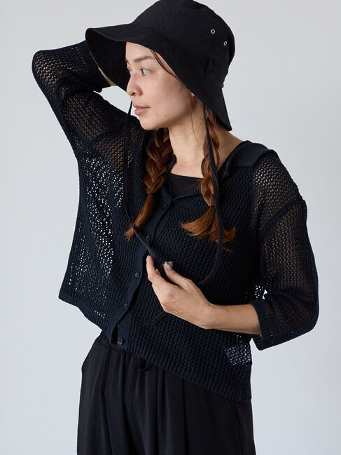 Lugnoncure「麻タッチ衿付きメッシュニットカーディガン」|カーディガン|ブラック