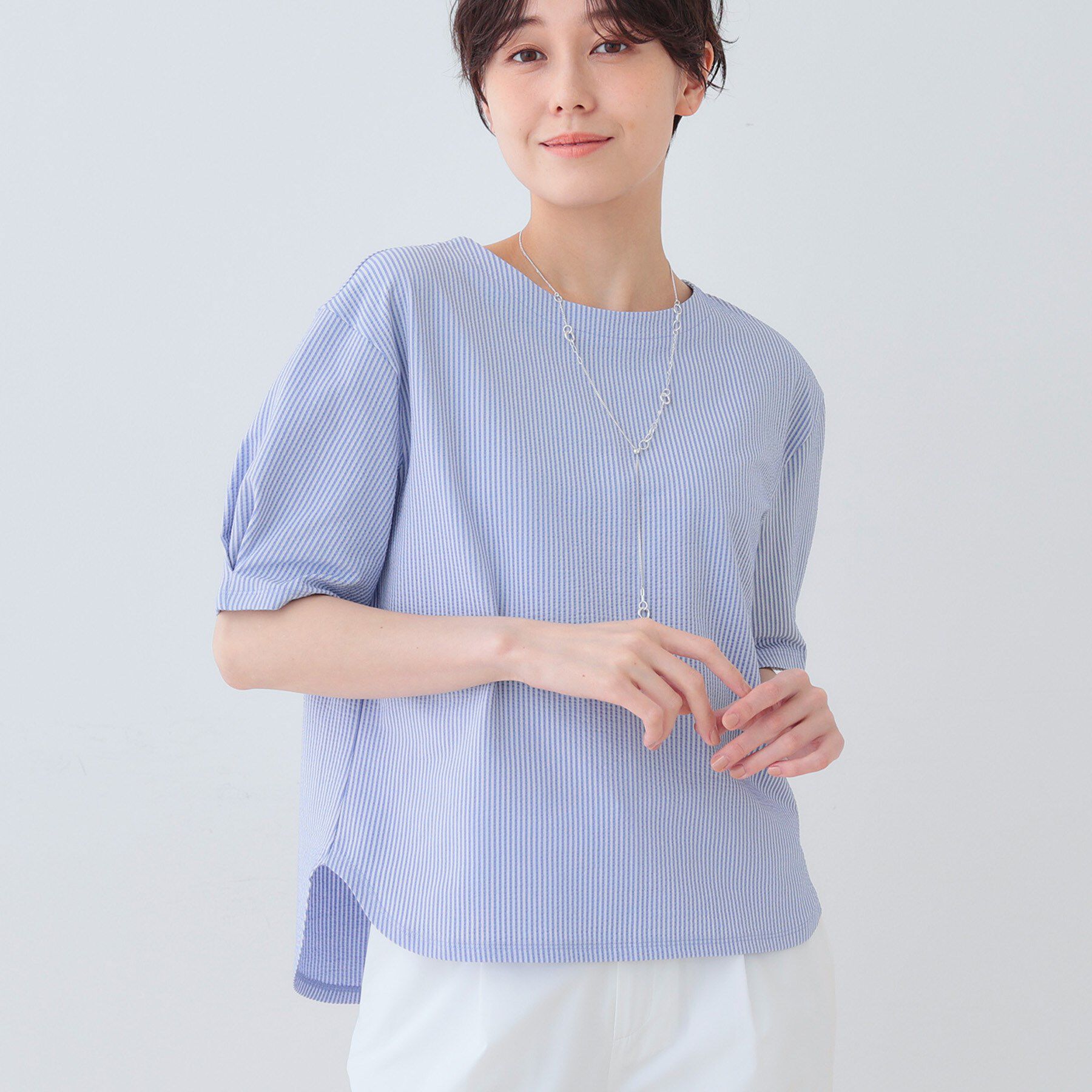 INDIVI「【洗える】サッカー素材カットソー」|Tシャツ・カットソー|ブルー(091)