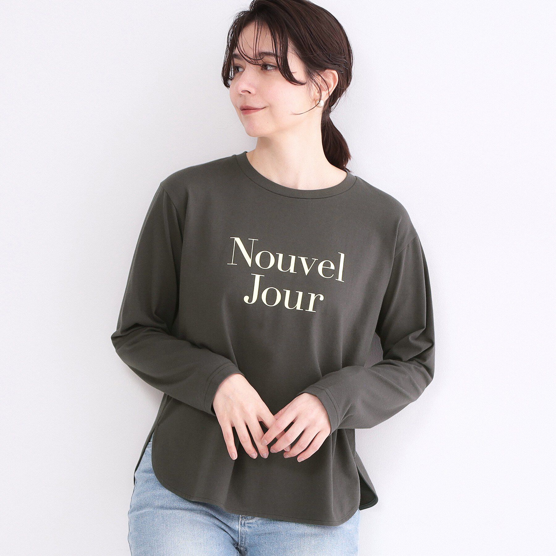 OPAQUE.CLIP「ロゴプリントロングTシャツ【洗濯機OK】」|Tシャツ・カットソー|チャコールグレー(0