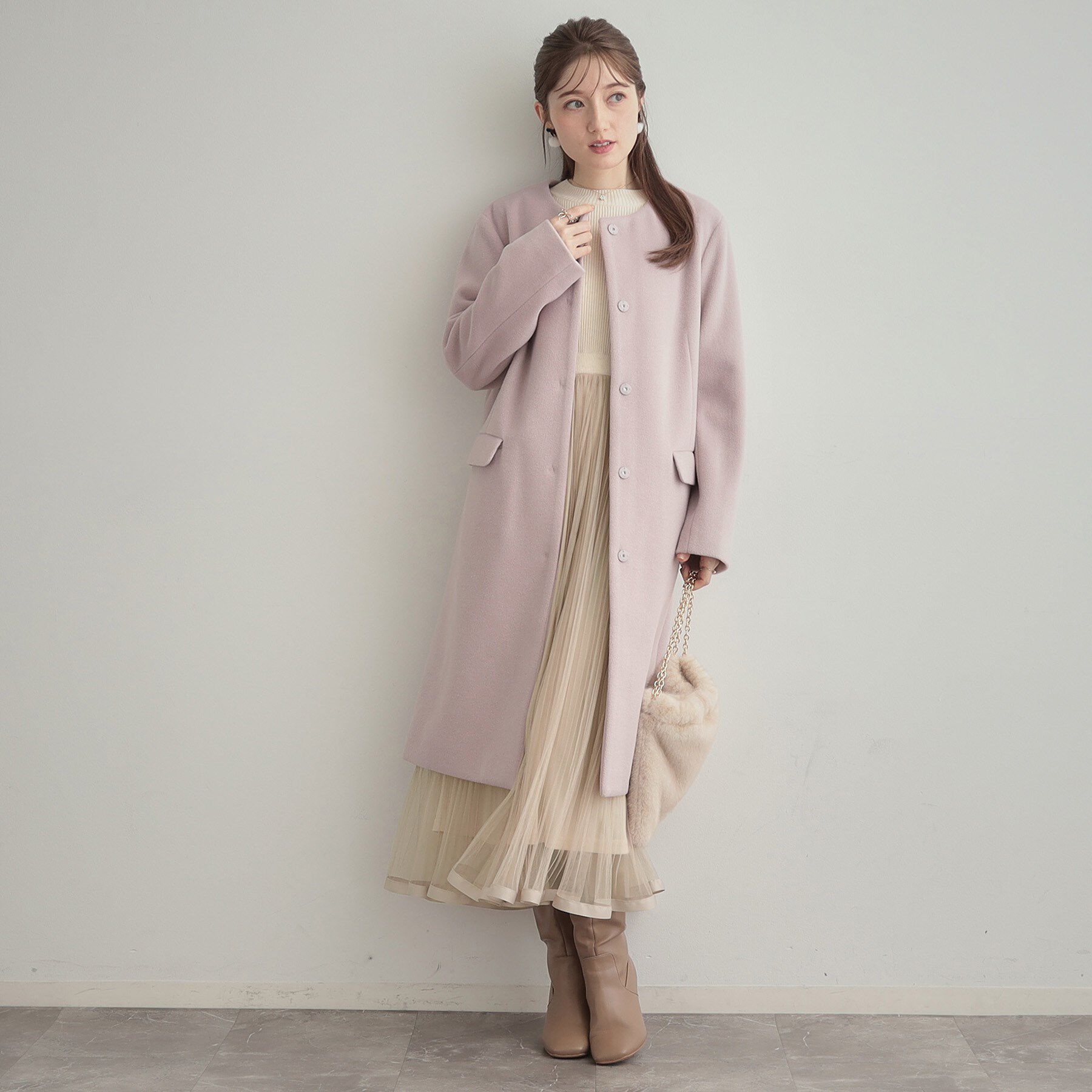 Couture broach「【通勤/ビジューブローチ付き】ノーカラー ロングコート」|ノーカラーコート|