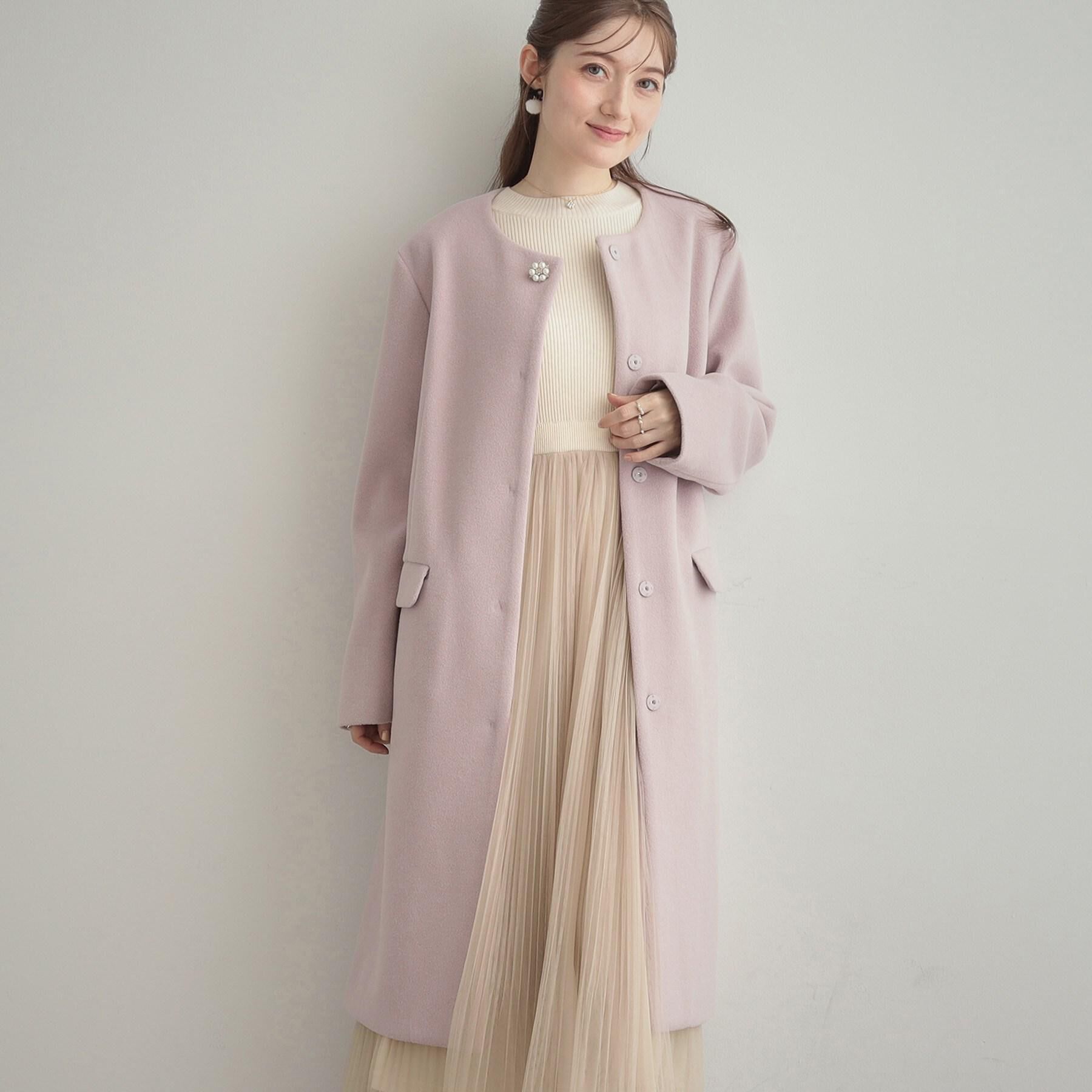 Couture broach「【通勤/ビジューブローチ付き】ノーカラー ロングコート」|ノーカラーコート|