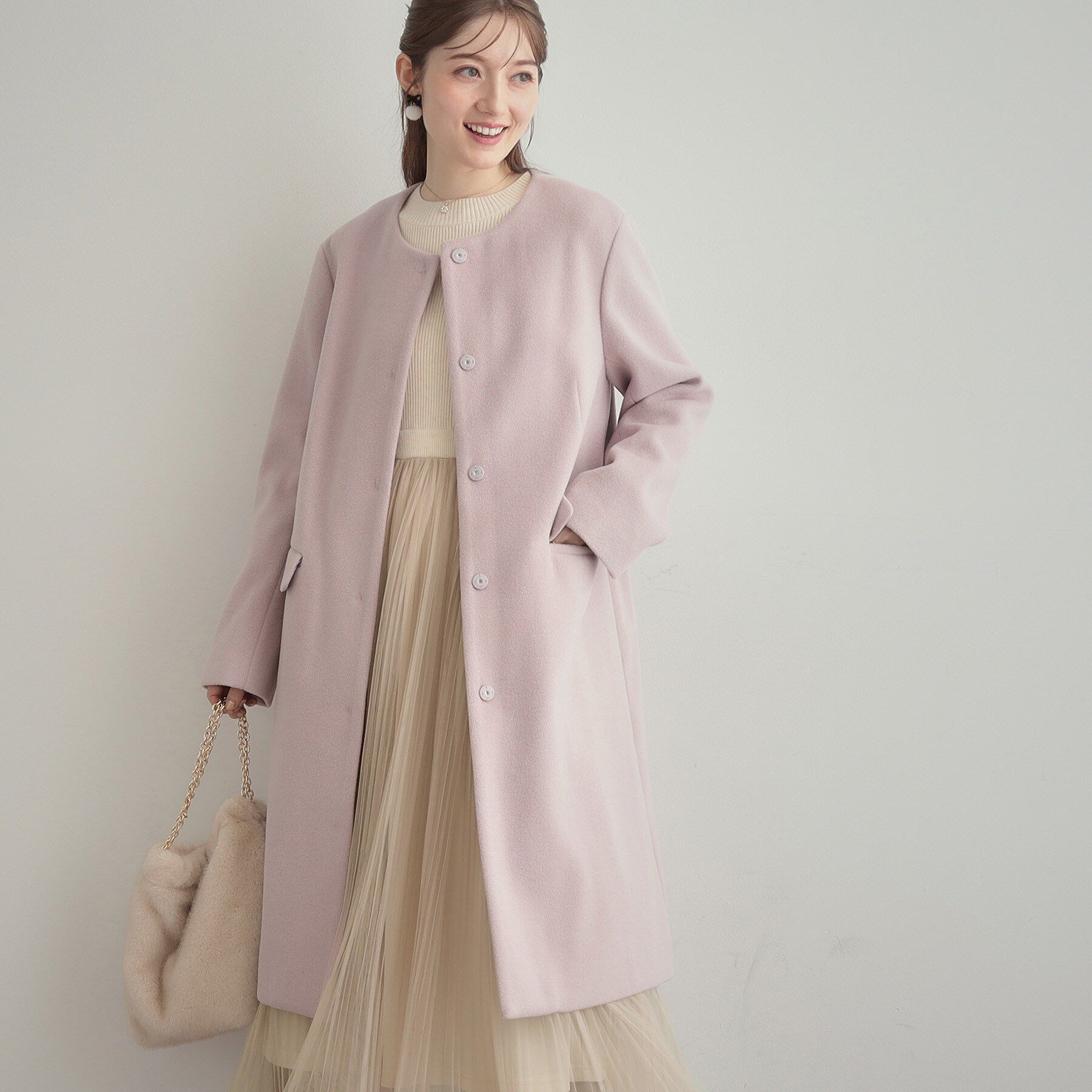 Couture broach「【通勤/ビジューブローチ付き】ノーカラー ロングコート」|ノーカラーコート|