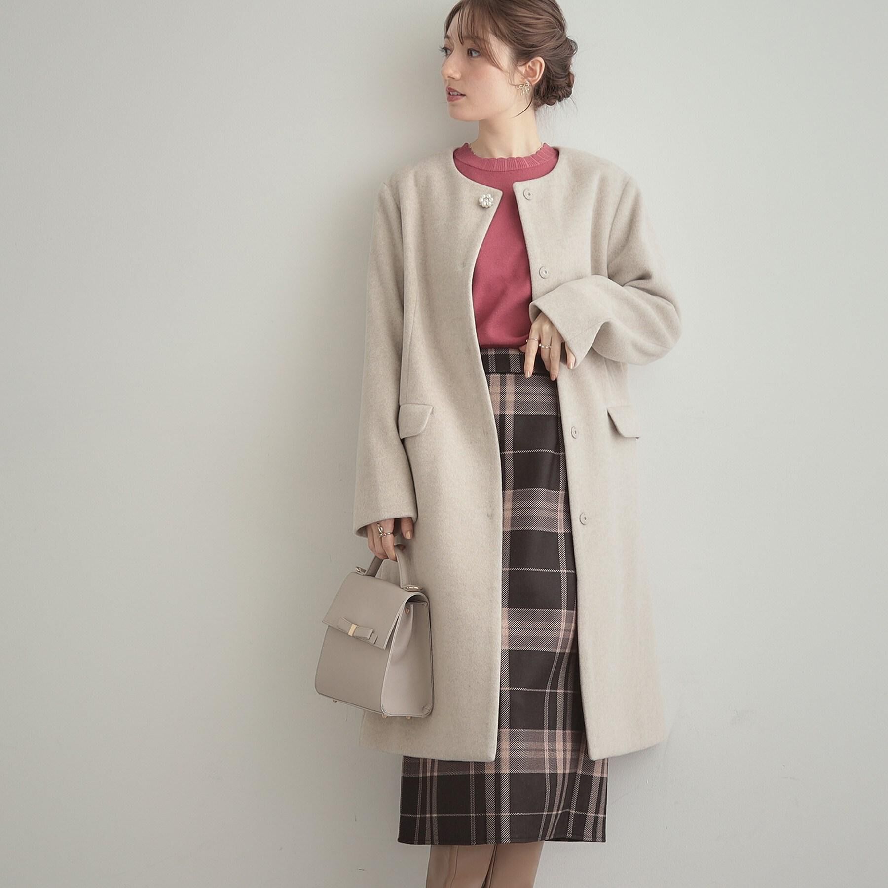 Couture broach「【通勤/ビジューブローチ付き】ノーカラー ロングコート」|ノーカラーコート|