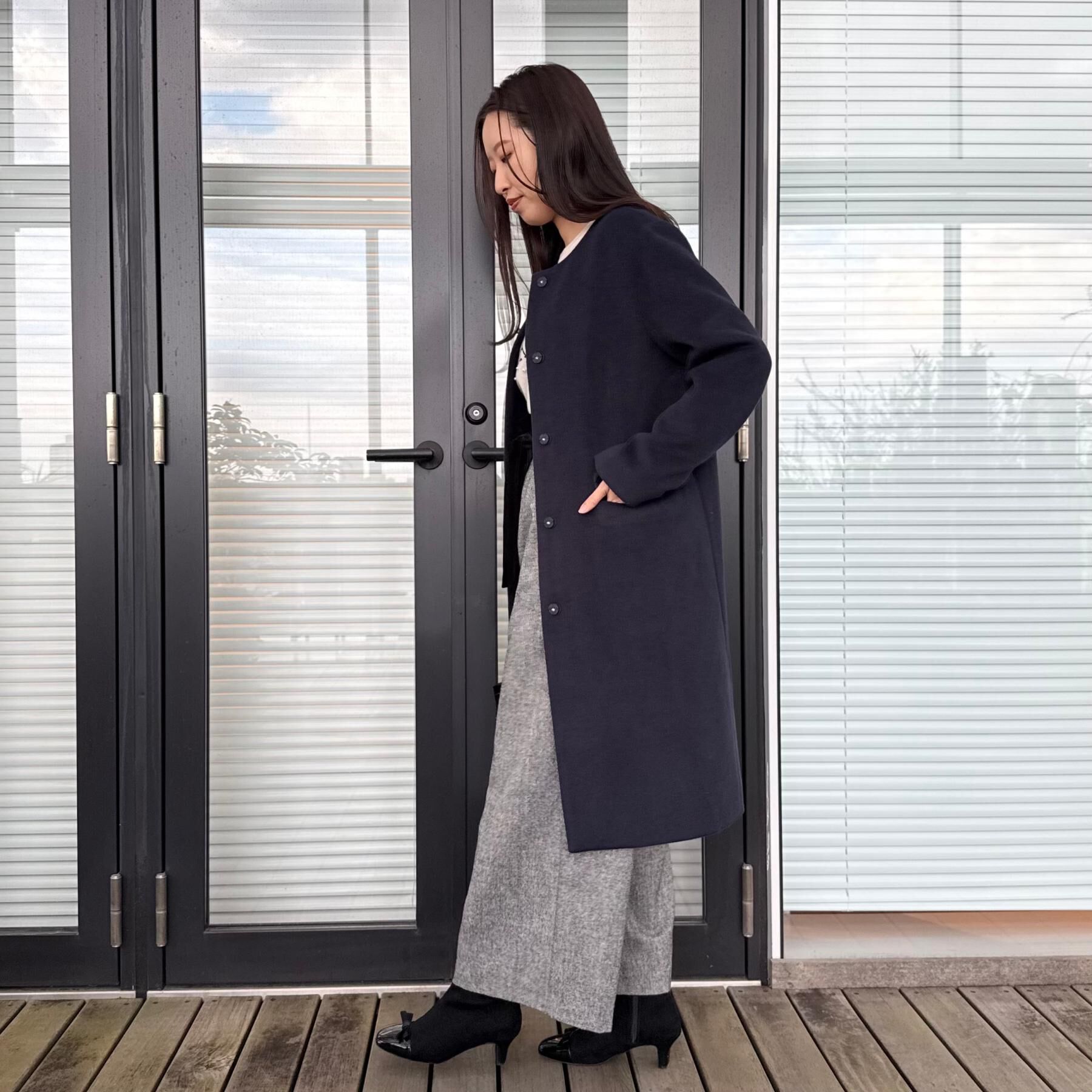 Couture broach「【通勤/ビジューブローチ付き】ノーカラー ロングコート」|ノーカラーコート|