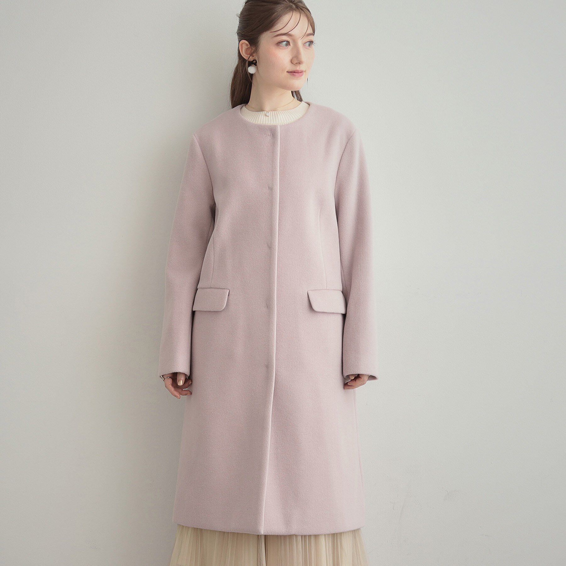 Couture broach「【通勤/ビジューブローチ付き】ノーカラー ロングコート」|ノーカラーコート|