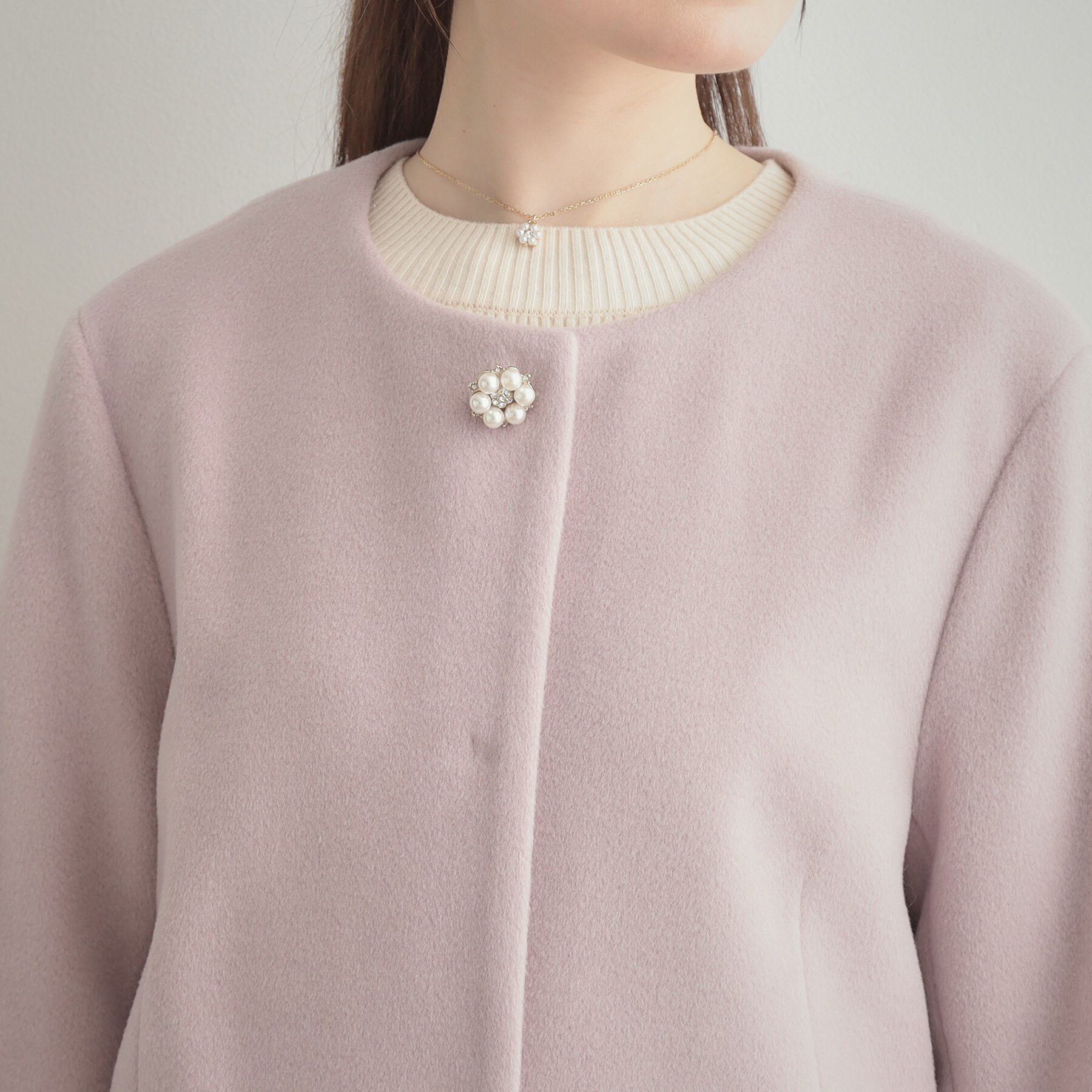 Couture broach「【通勤/ビジューブローチ付き】ノーカラー ロングコート」|ノーカラーコート|