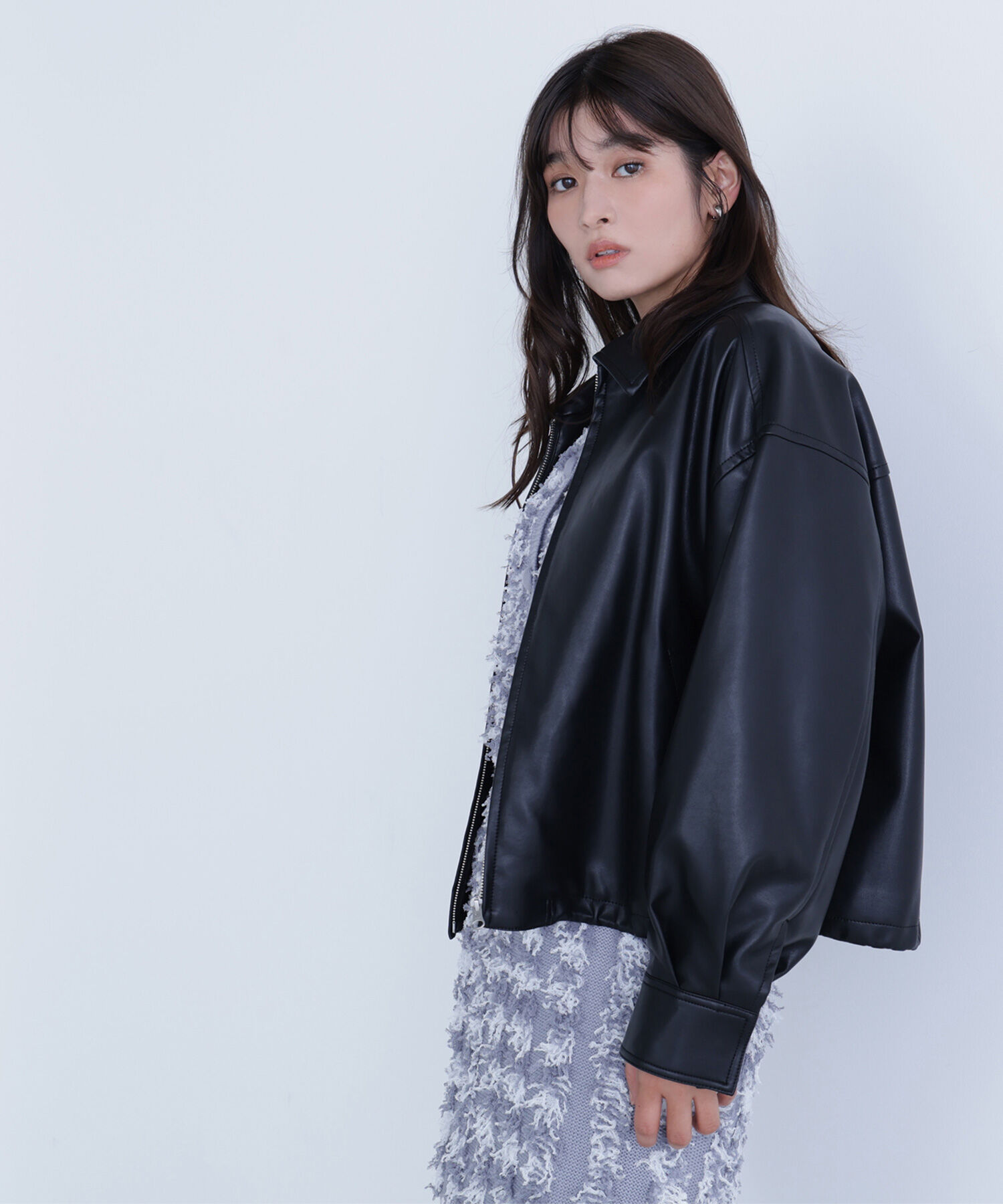  「フェイクレザードロストブルゾン」|ブルゾン・スタジャン|ブラック