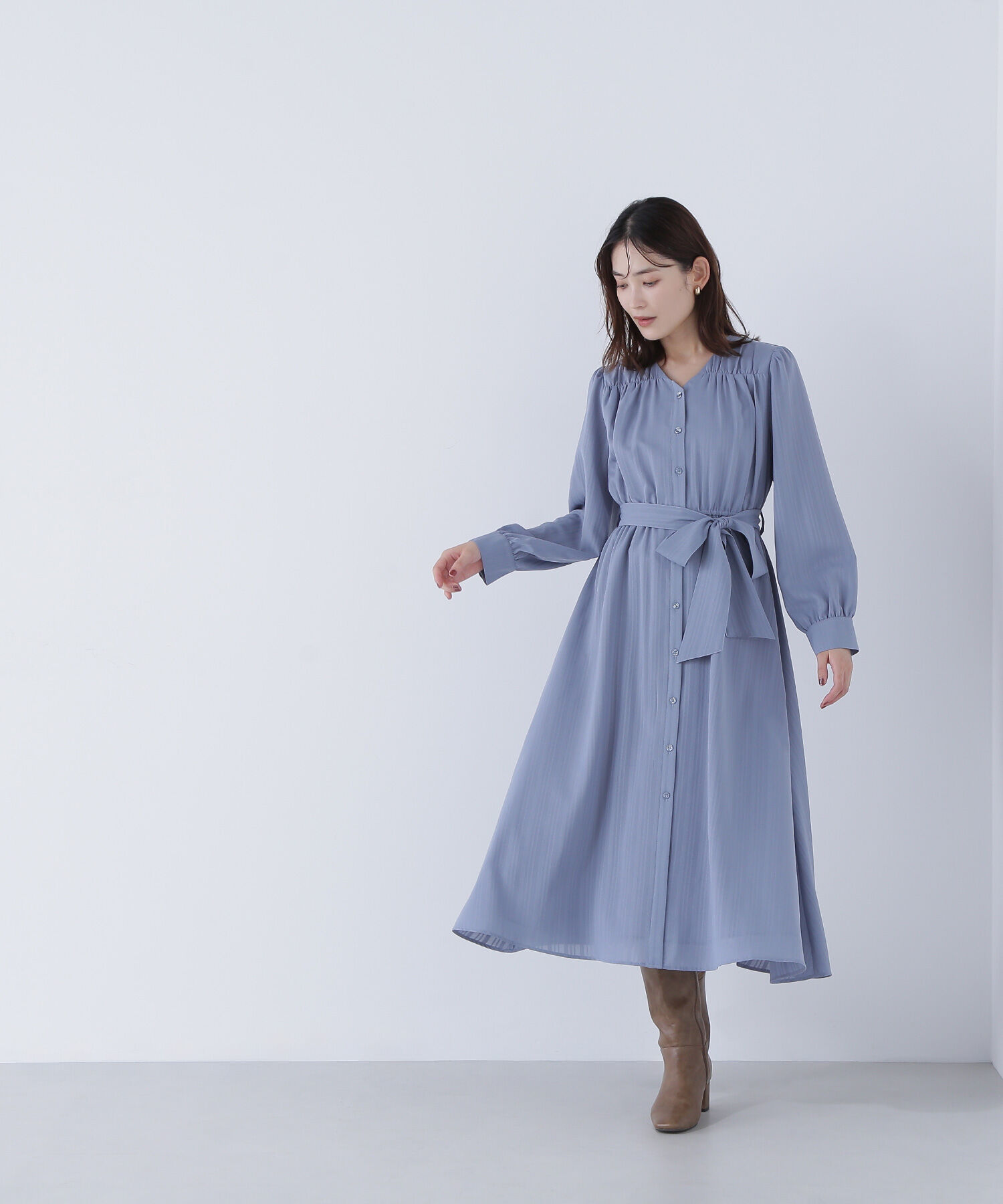  「ベルテッドシャドーストライプワンピース」|ワンピース|ブルー